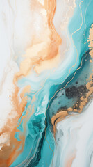 Naklejka premium A HD close up of a minimalist acrylic marble painting. The painting is kept in black, white, turquoise and golden colors.