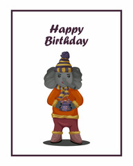 Elephant with a gift in winter clothes. Postcard. Happy birthday. Character design. 