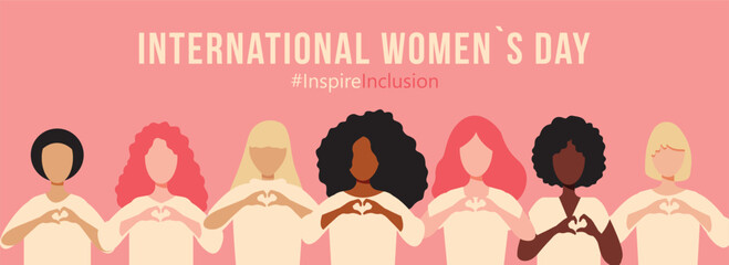 International Women s Day concept pink banner. Diverse women with heart-shaped hands stand together. Campaign 2024 inspireinclusion - obrazy, fototapety, plakaty