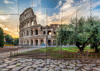 Italy, Rome - Sunset behind the Colosseum, the most famous Roman landmark sightseeing.