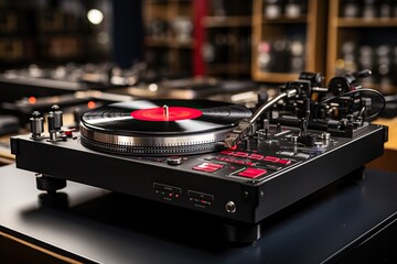 Naklejka premium Detailed view of a DJ turntable with a red vinyl record and sound mixing equipment