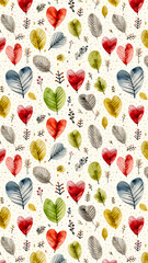 Watercolor Hearts and Leaves Pattern