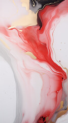 A HD close up of a minimalist acrylic marble painting. The painting is kept in black, white, red and golden colors.