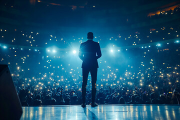 Fototapeta na wymiar African american man giving music concert performance in a huge crowded stadium arena hall on a stage. Epic blue lights and smartphone flashlights