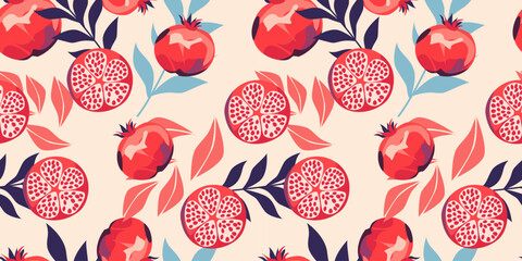 Seamless pattern with pomegranate fruits and seeds illustration. Design for cosmetics, spa, pomegranate juice, health care products, perfume, paper, cover, fabric, interior decor. Trendy background. - obrazy, fototapety, plakaty
