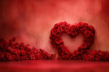 Heart Shaped Red Rose Arrangement on Red Background