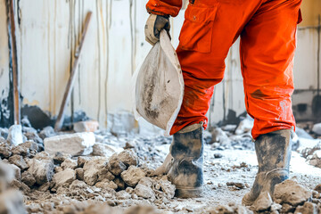 Builder cleaning room after demolition jobs, preparing for room renovation, collecting rubble, wearing gloves, boots and orange coveralls - obrazy, fototapety, plakaty