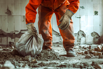 Builder cleaning room after demolition jobs, preparing for room renovation, collecting rubble, wearing gloves, boots and orange coveralls - obrazy, fototapety, plakaty