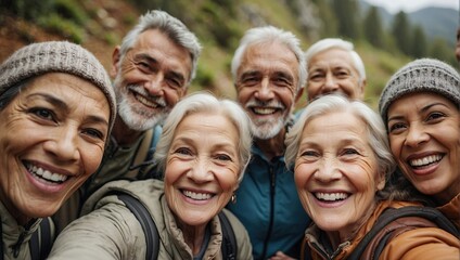 Enthusiastic elderly group takes a cheerful selfie on a nature hike, surrounded by wilderness and joy.