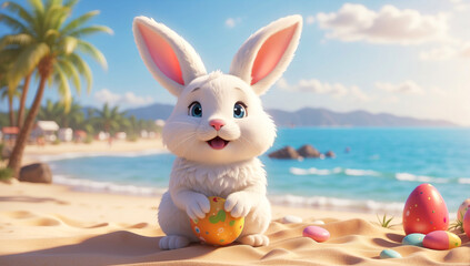 A sweet white Easter bunny is having fun on the sandy beach