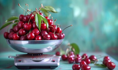realistic measuring cup on the scale, full of ripe cherries - obrazy, fototapety, plakaty