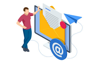 Isometric email, business e-mail communication and digital marketing, electronic message alert