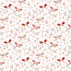 Colorful folk vector seamless pattern with butterflies and flowers.