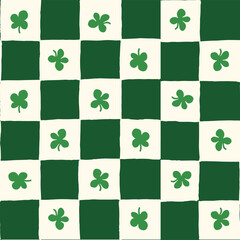 Seamless vector repeating pattern with hand drawn checkerboard in green and cream and a four leaf clover shamrock. St Patricks day lucky clover background.
