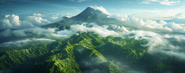 an aerial view over a mountain surrounded by lush green forests and clouds