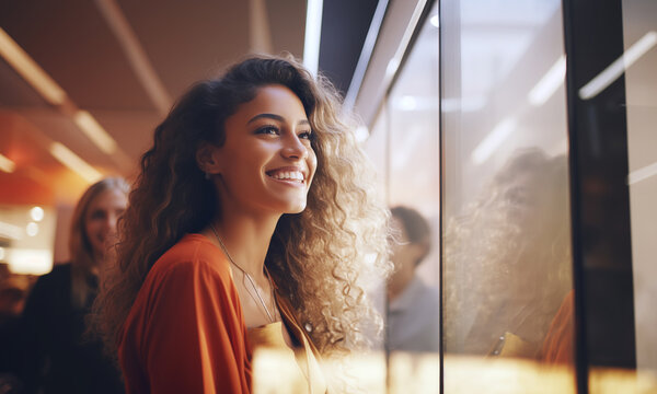 Portrait cheerful long-haired smiling young woman enjoying shopping in big city mall. Woman's mental health, consumers and happiness concept image.