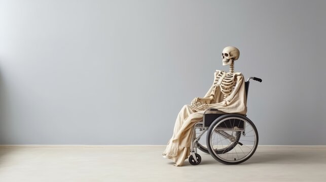 Human skeleton in medical wheelchair for invalid patient on white empty background. Hospital health care support