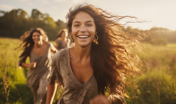 Portrait of three laughing smiling women friends clothed in light colors summer dresses running by high grass meadow sunset soft light shot. Woman's Friendship, relations, happiness concept image.