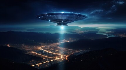 Naklejka na ściany i meble UFO landing by the earth planet, mysterious object seen in the sky for which, it is claimed