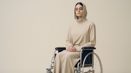 Human is in medical wheelchair for invalid patient on white empty background. Hospital health care support