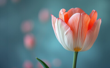 Gentle White Tulip Blushing Pink Orange on Soft Blue Background