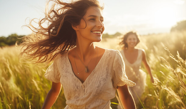 Portrait of two cheerful smiling women friends clothed in light colors summer dresses walking by the high grass meadow sunset soft light shot. Woman's Friendship, relations and happiness concept image