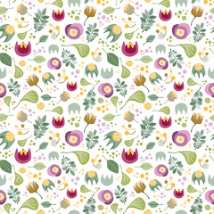 Seamless floral pattern with flowers, leaves and branches on white backdrop. Creative art texture for printing on textile, wrapping, packages, apparel, homeware etc. or use in graphic design.