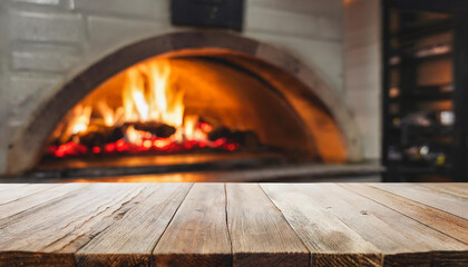 Empty table with blurred pizza oven background