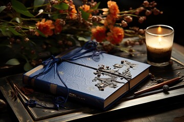 Naklejka na ściany i meble Blue textured journal with silver botanical embossing and ribbon bookmark next to a candle