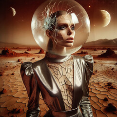 Fashion girl with cracked glass sphere on head on Mars