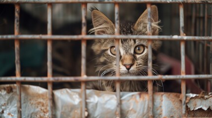 A sad cat that was abandoned and lives on the street in a cage, waiting to be adopted.Generated AI