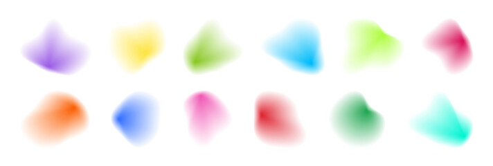 Gradient blur blob shapes. Colored figures with a soft gradation from bright to transparent. Set of isolated vector elements on a white background.