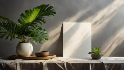 Fototapeta na wymiar the mockup overlay weaves in shadows from an exotic plant, as natural light two vertical sheets of textured white paper resting on a soft gray table background. with leaves