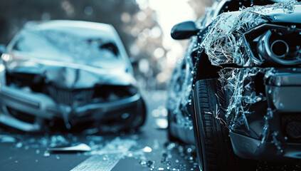 crash between two cars that have smashed their windshields - obrazy, fototapety, plakaty