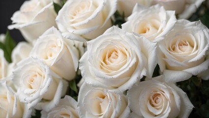 Obraz premium A bouquet of white roses for wedding, green leaves, white flower background, minimal, beautiful rose 