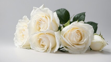 A bouquet of white roses for wedding, green leaves, white flower background, minimal, beautiful rose 