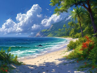 Tropical Beach With Blue Water Painting