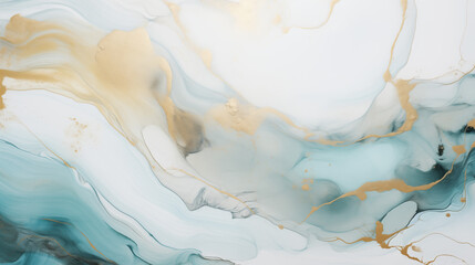 A HD close up of a minimalist acrylic marble painting. The painting is kept in black, white, aquamarine and golden colors.
