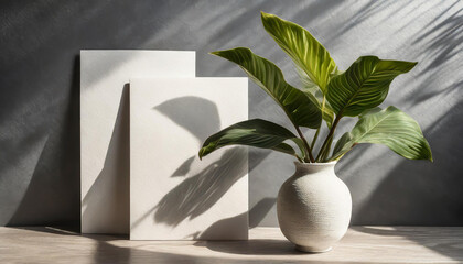 2 vertical sheets of textured white paper on soft yellow table background. Mockup overlay with the plant shadows. Natural light casts shadows from a Jerusalem artichoke flowers. Horizontal orientation