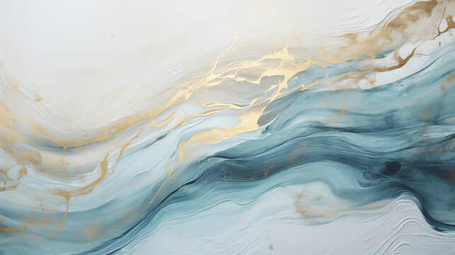A HD close up of a minimalist acrylic marble painting. The painting is kept in black, white, aquamarine and golden colors.