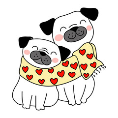 Adorable par de perritos abrazados con una bufanda. Garabatos simples de perros y huesos, fondo lúdico, ilustración de diseño plano