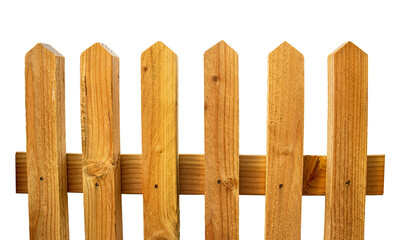 Brown wooden fence, picket fence, isolated on a white background, separating objects, close-up