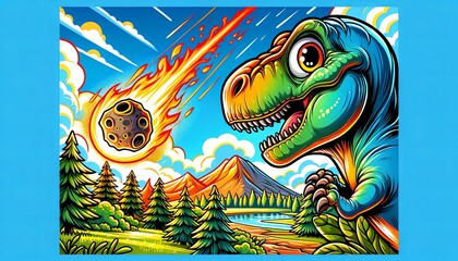 Cartoon dinosaur watching a fiery asteroid falling towards Earth, in a vibrant, exaggerated landscape.
