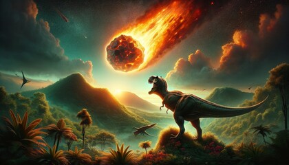 A dinosaur watching a fiery asteroid falling towards Earth, set in a prehistoric landscape with lush vegetation.
 - obrazy, fototapety, plakaty