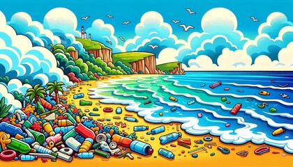 Cartoon illustration of a beautiful beach polluted with plastic waste, using bold colors and simple shapes.
