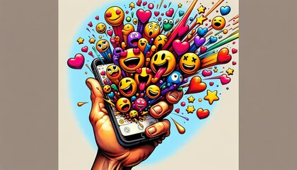 Cartoon hand holding a smartphone, colorful emojis popping out, featuring vibrant, playful expressions.
