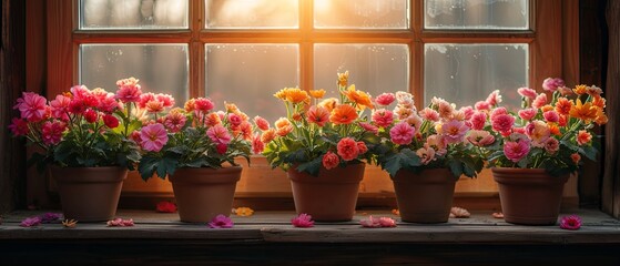 Group of Potted Flowers in Front of Window
