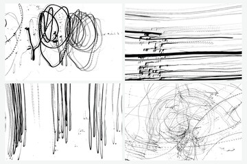 Scribble pen or pencil strokes brush set. Drawn chaotic randomized abstract black white patterns scratches. Random doodle covers, posters and cards. Black charcoal pencil sketch textures Vector. © ﻿ MotionPixxleStudio