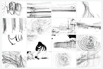 Abstract drawing pattern set. Scribbled hand drawn backgrounds. Organic grunge textured overlapping wavy shapes and lines. Striped flat swatch. Speeding drunk party vision. Vector.