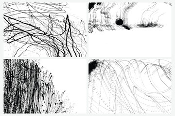 Fototapeta premium Scribble pen or pencil strokes brush set. Drawn chaotic randomized abstract black white patterns scratches. Random doodle covers, posters and cards. Black charcoal pencil sketch textures Vector.